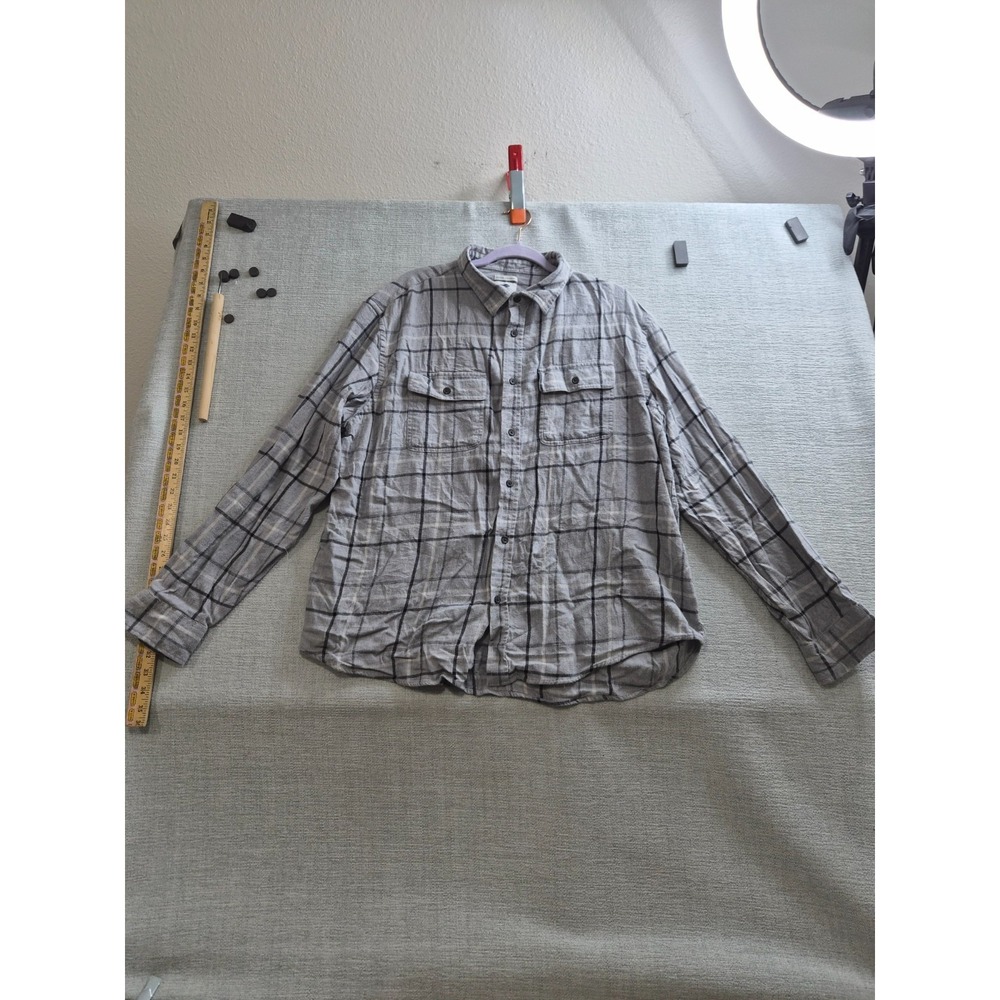 Old Navy Shirt Mens 2XL Gray Cotton Plaid Flannel Regular Fit Pleated Button Up